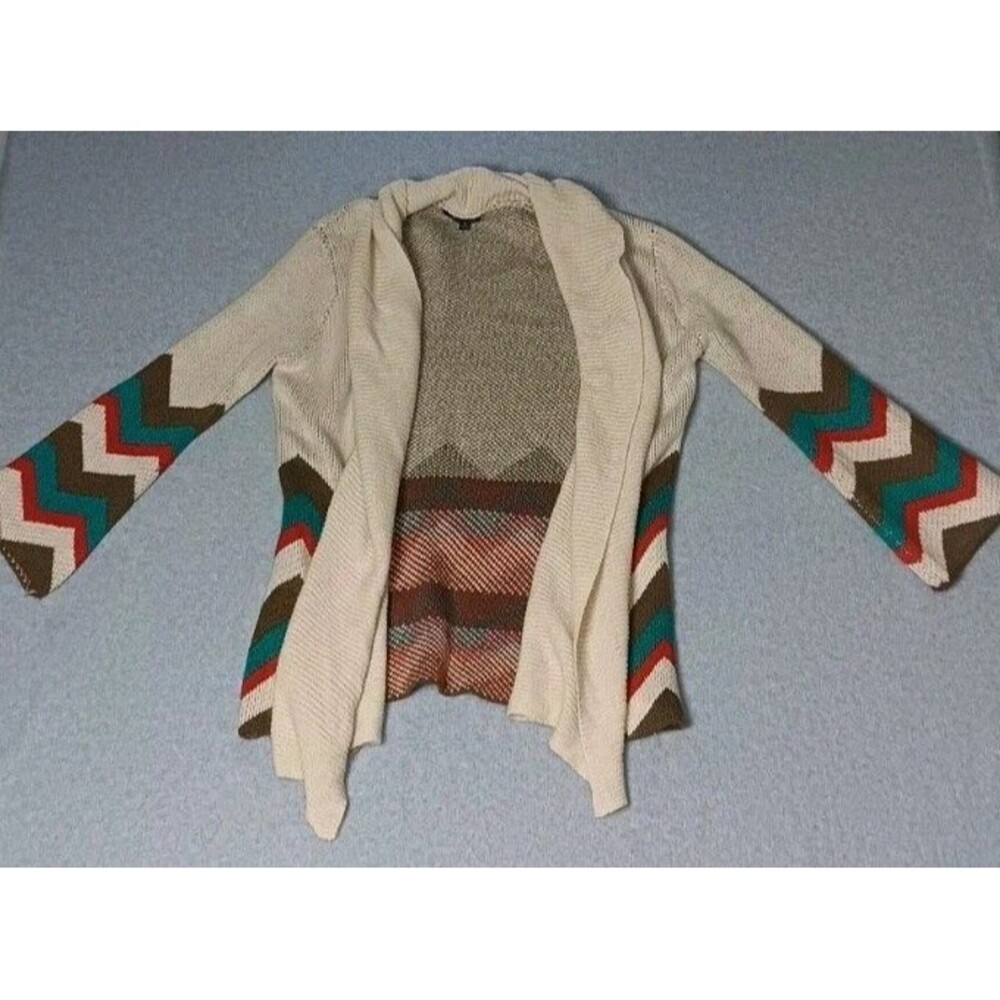 Very J Knitted Open Front Cardigan Womens Size Medium Aztec Design Beige Boho